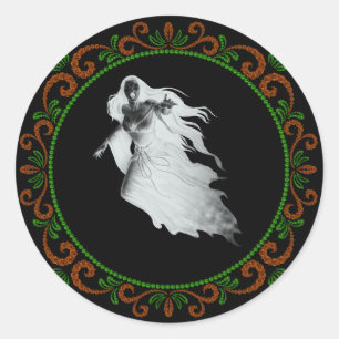 Pegatina Redonda Dama Verde naranja En Halloween Fantasma Blanca