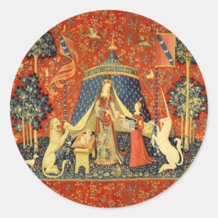 Pegatina Redonda Dama y Unicornio Tapiz Medieval: Arte Francés