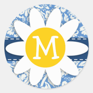 Pegatina Redonda Damasco azul; Daisy