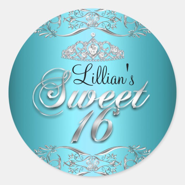 Pegatina Redonda Damasco azul negro y dulce Tiara 16 Pegatinas (Anverso)
