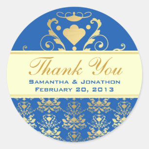 Pegatina Redonda Damasco azul y oro con Boda de marfil Gracias