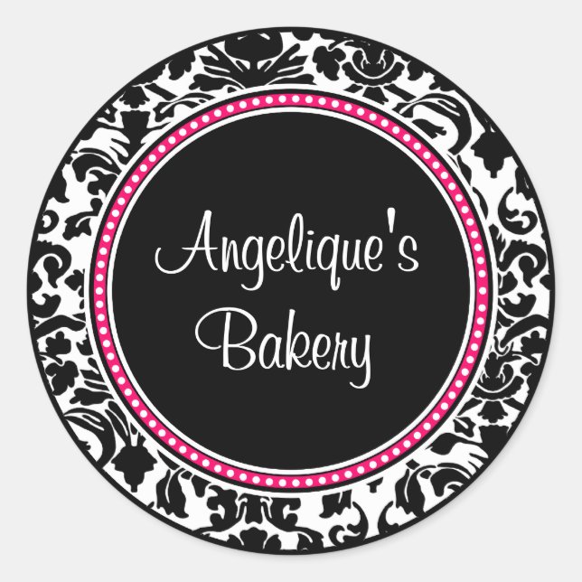 Pegatina Redonda Damasco con centro negro y guarnecido rosa (Anverso)