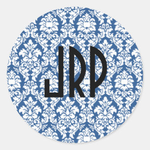 Pegatina Redonda Damasco monogramado azul y blanco