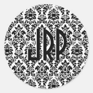 Pegatina Redonda Damasco monogramado blanco y negro