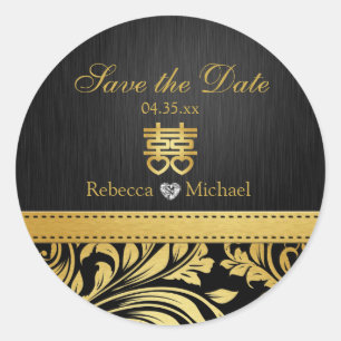 Pegatina Redonda Damasco negro y dorado, doble felicidad china