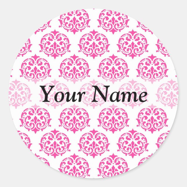 Pegatina Redonda Damasco rosa caliente (Anverso)