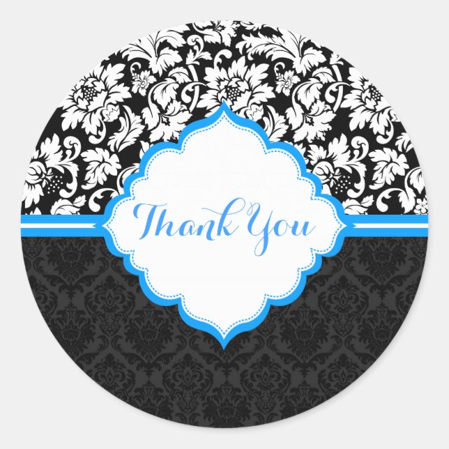 Pegatina Redonda Damascos florales blancos y azules negros (Anverso)