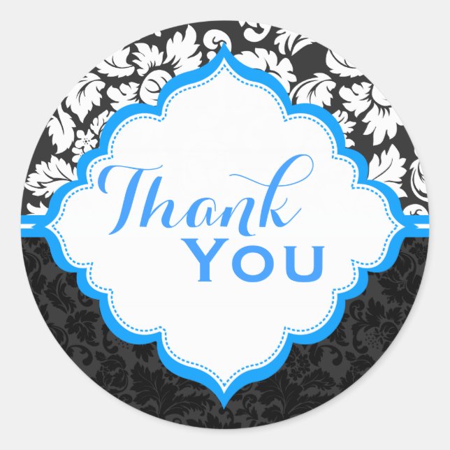 Pegatina Redonda Damascos florales blancos y azules negros 2 (Anverso)