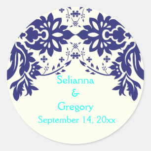 Pegatina Redonda Damask azul marino, aqua, boda Save the Date