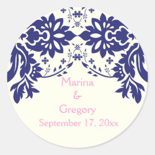 Pegatina Redonda Damask azul marino, rosa, boda Save the Date