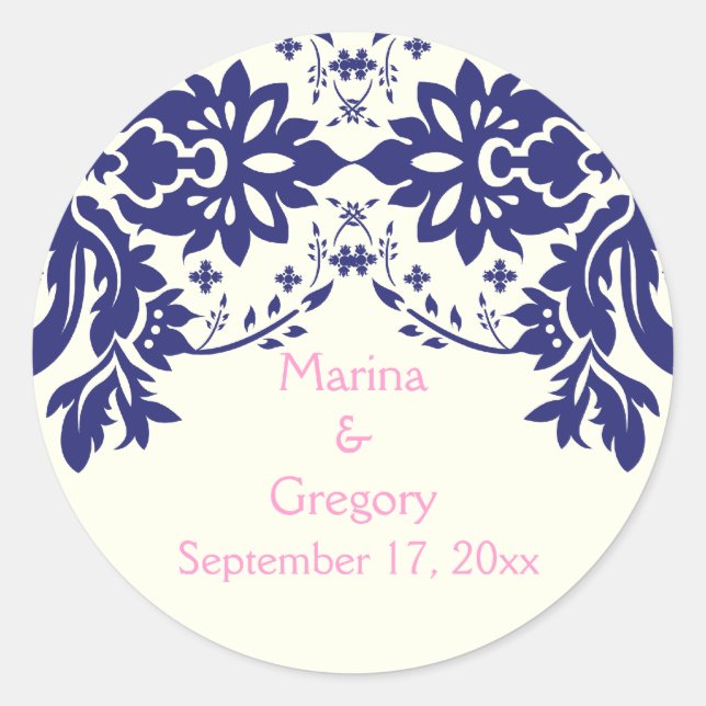 Pegatina Redonda Damask azul marino, rosa, boda Save the Date (Anverso)