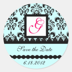 Pegatina Redonda DAMASK MONOGRAM, azul fucsia rosa