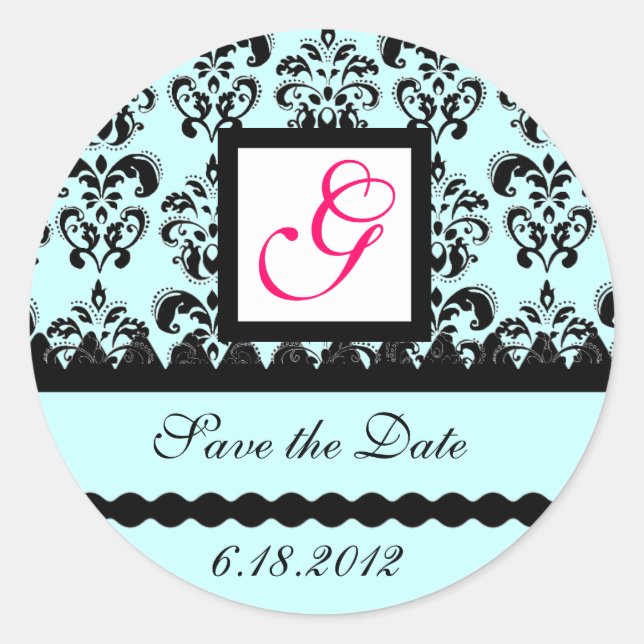 Pegatina Redonda DAMASK MONOGRAM, azul fucsia rosa (Anverso)