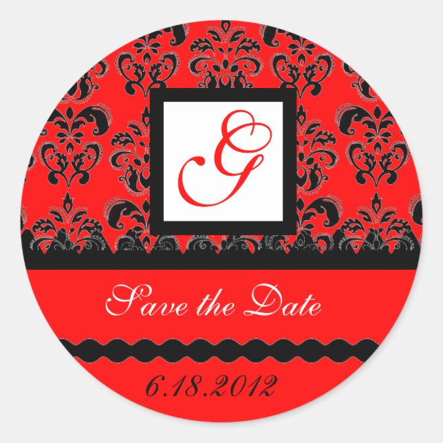 Pegatina Redonda DAMASK MONOGRAM, blanco negro rojo (Anverso)