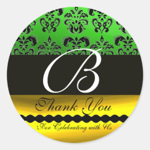 PEGATINA REDONDA DAMASK MONOGRAM DE ORO VERDE NEGRO