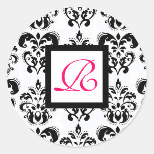 Pegatina Redonda DAMASK MONOGRAM, fucsia rosa