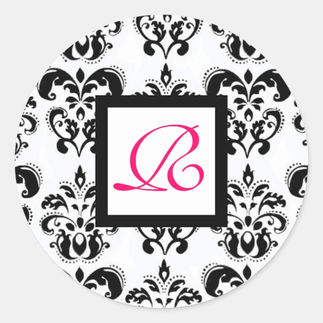 Pegatina Redonda DAMASK MONOGRAM, fucsia rosa (Anverso)