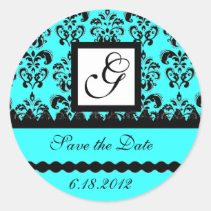 Pegatina Redonda DAMASK MONOGRAM, turquesa azul