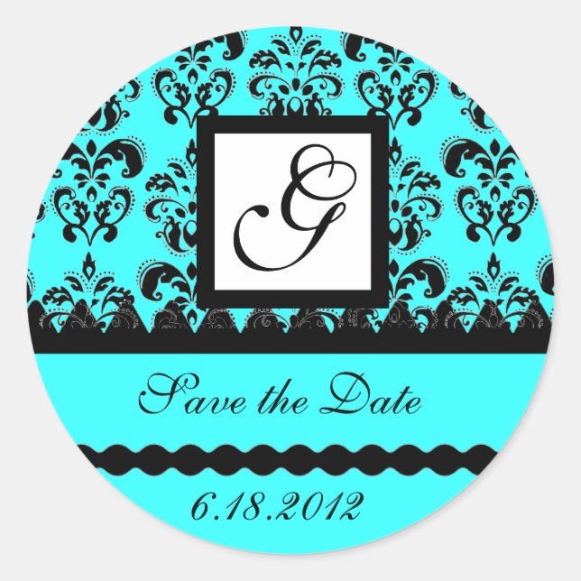 Pegatina Redonda DAMASK MONOGRAM, turquesa azul (Anverso)