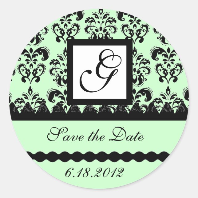 Pegatina Redonda DAMASK MONOGRAM, verde (Anverso)