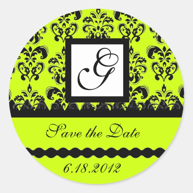 Pegatina Redonda DAMASK MONOGRAM ,verde amarillo (Anverso)