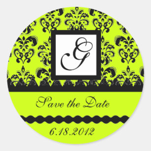 Pegatina Redonda DAMASK MONOGRAM ,verde amarillo