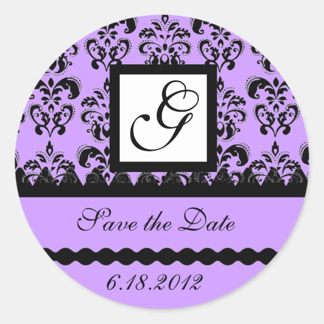 Pegatina Redonda DAMASK MONOGRAM, violeta (Anverso)