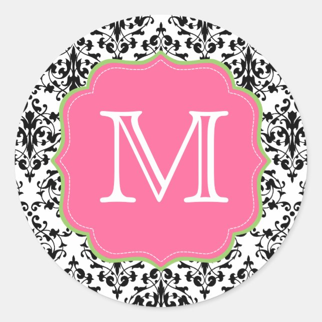 Pegatina Redonda Damask Monograma negro rosa verde (Anverso)