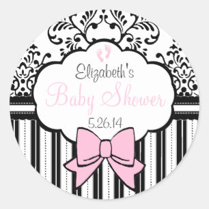 Pegatina Redonda Damask Pink Baby Shower