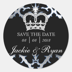 Pegatina Redonda Damask Save Date Wedding Stickers Blue Crown