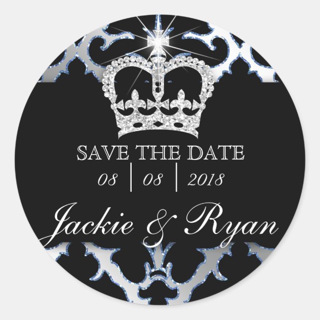 Pegatina Redonda Damask Save Date Wedding Stickers Blue Crown (Anverso)
