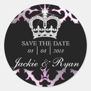 Pegatina Redonda Damask Save Date Wedding Stickers Pink Crown