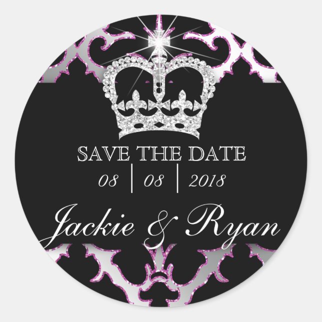 Pegatina Redonda Damask Save Date Wedding Stickers Pink Crown (Anverso)