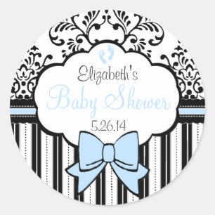 Pegatina Redonda Damask Stripes Blue Bow Baby Shower