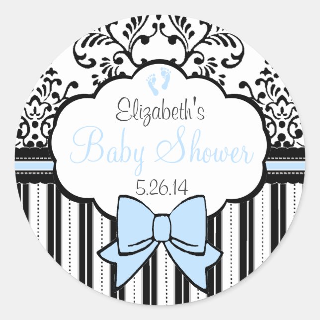 Pegatina Redonda Damask Stripes Blue Bow Baby Shower (Anverso)