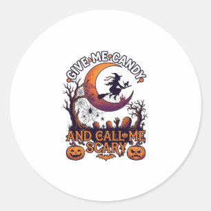 Pegatina Redonda Dame Caramelo Llama Bruja Asustadiza Luna Calabaza