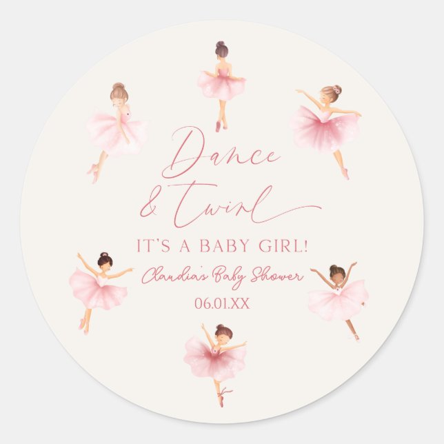 Pegatina Redonda Dance y Twirl Ballerina Ballet rosa Baby Shower (Anverso)