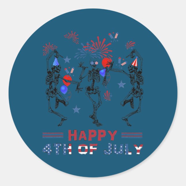 Pegatina Redonda Dancing Skeletons Fireworks Happy 4th of July (Anverso)