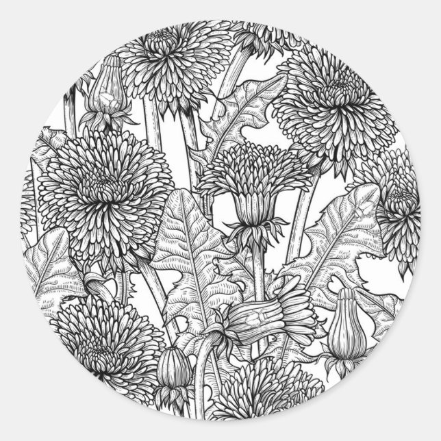 Pegatina Redonda Dandelions, black and white (Anverso)