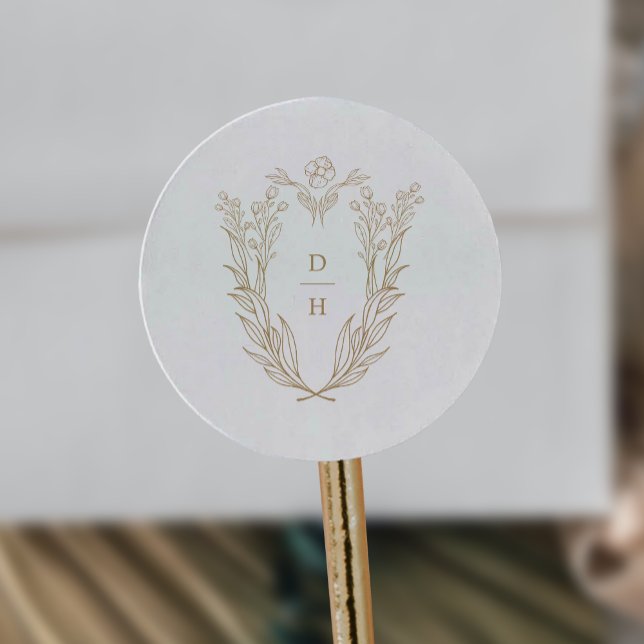 Pegatina Redonda DAPHNE Boda Fantasma Blanco Oro Botánico Monograma (DAPHNE Botanical Gold White Fancy Wedding Monogram Classic Round Sticker)