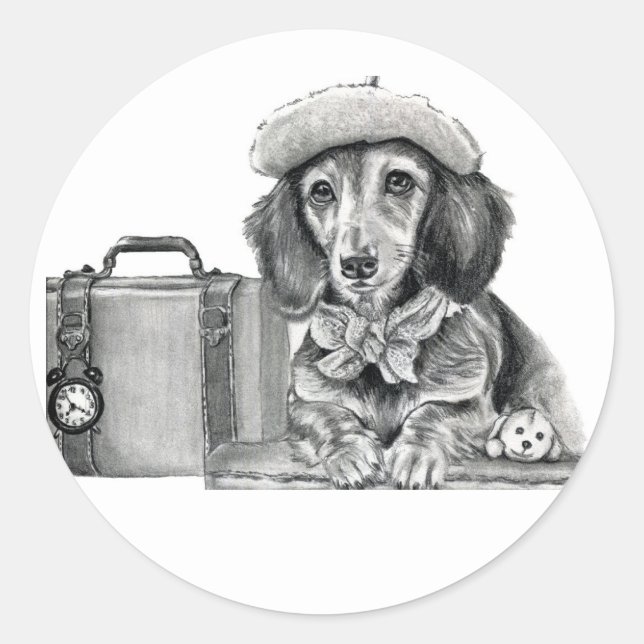 Pegatina Redonda Dapper dachshund listo para la aventura (Anverso)