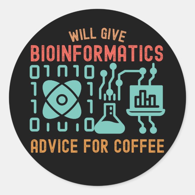 Pegatina Redonda Dará consejos de bioinformática para el café (Anverso)