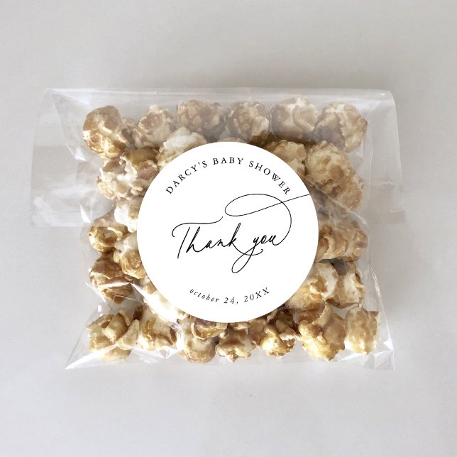 Pegatina Redonda DARCY Black White Baby Shower Gracias (DARCY Modern Black White Baby Shower Thank You Classic Round Sticker)