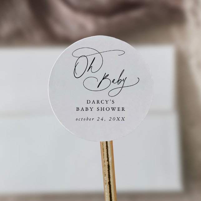 Pegatina Redonda DARCY Boho Único Blanco Negro Oh Baby Baby Shower (DARCY Boho Unique Black White Oh Baby Baby Shower Classic Round Sticker)