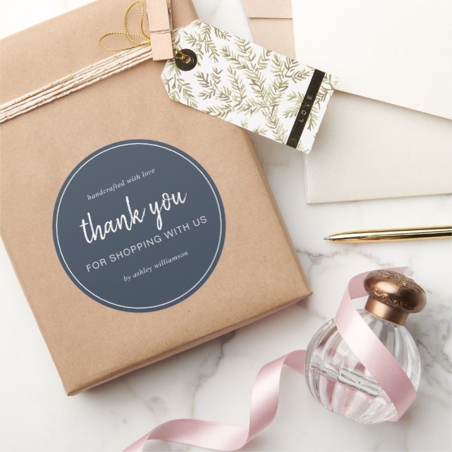 Pegatina Redonda Dark Blue Chic Script Gracias Por Comprar (Regalar)