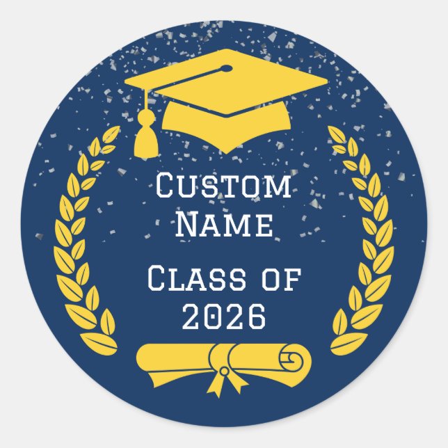 Pegatina Redonda Dark Blue & Gold Class of 2026 Graduation Sticker (Anverso)