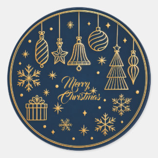 Pegatina Redonda Dark Blue &Gold Ornament Merry Christma Sticker