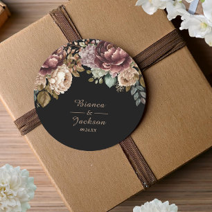 Pegatina Redonda Dark Burgundy Watercolor Floral Wedding