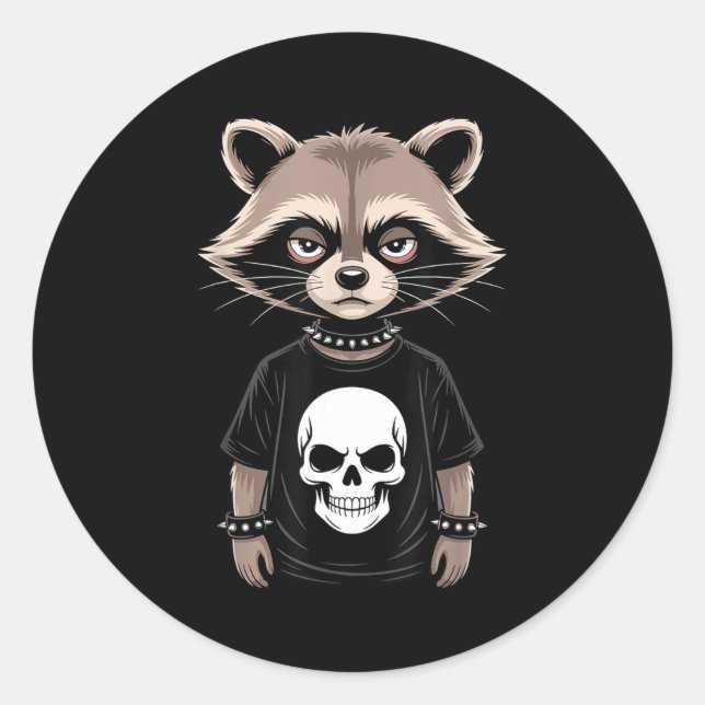 Pegatina Redonda Dark Emo Raccoon With Skull Punk Style Alternative (Anverso)