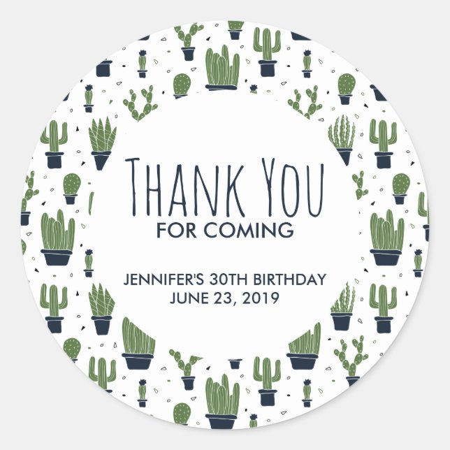 Pegatina Redonda Dark Green Cactus Pattern Birday Gracias (Anverso)